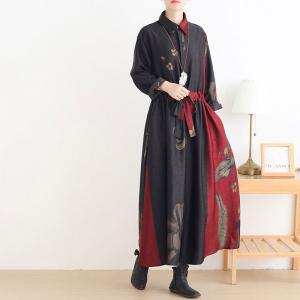 Over50 Style Silky Drawstring Dress Printed Plus Size Trench Coat
