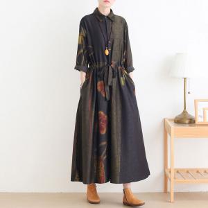 Over50 Style Silky Drawstring Dress Printed Plus Size Trench Coat