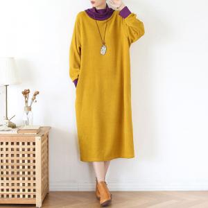 Loose-Fit Contrast Color Sweater Dress Midi Turtleneck Dress