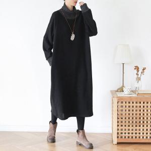 Loose-Fit Contrast Color Sweater Dress Midi Turtleneck Dress