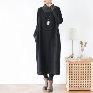 Loose-Fit Contrast Color Sweater Dress Midi Turtleneck Dress