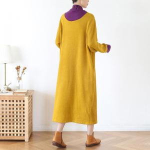 Loose-Fit Contrast Color Sweater Dress Midi Turtleneck Dress