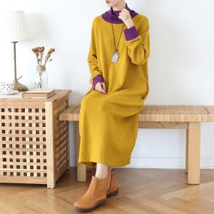 Loose-Fit Contrast Color Sweater Dress Midi Turtleneck Dress