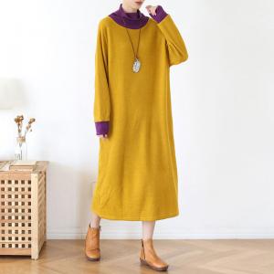 Loose-Fit Contrast Color Sweater Dress Midi Turtleneck Dress