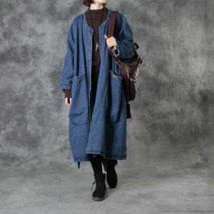 Big Pockets Blue Quilted Coat Plus Size Patchwork Denim Puffer