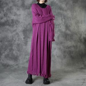 Crew Neck Long Tassel Dress Winter Cable Knit Sweater Dress