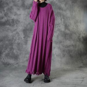 Crew Neck Long Tassel Dress Winter Cable Knit Sweater Dress