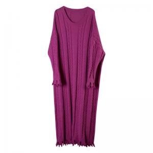 Crew Neck Long Tassel Dress Winter Cable Knit Sweater Dress