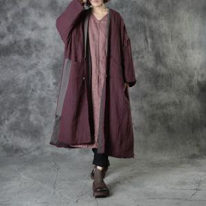 Plunging Neck Chinese Cotton Padded Coat Slits Plus Size Flax Clothing