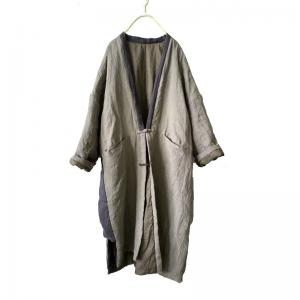 Plunging Neck Chinese Cotton Padded Coat Slits Plus Size Flax Clothing