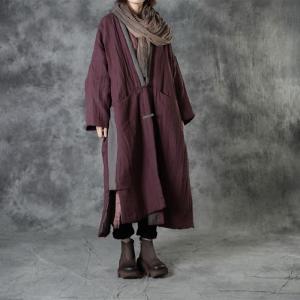 Plunging Neck Chinese Cotton Padded Coat Slits Plus Size Flax Clothing