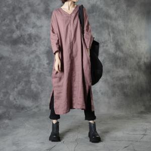 V-Neck Loose Linen Dress Side Slit Plain Midi Dress