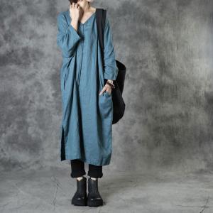 V-Neck Loose Linen Dress Side Slit Plain Midi Dress