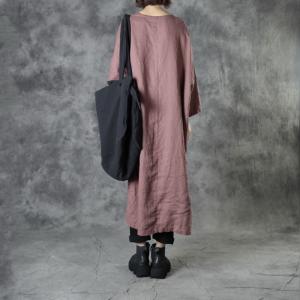 V-Neck Loose Linen Dress Side Slit Plain Midi Dress