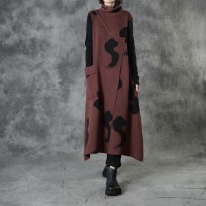 Straight Pockets Turtleneck Sweater Dress Abstract Printed Winter Dress