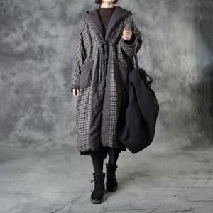 Chinese Fashion Linen Checkered Coat Quilted Hooded Wrap Coat