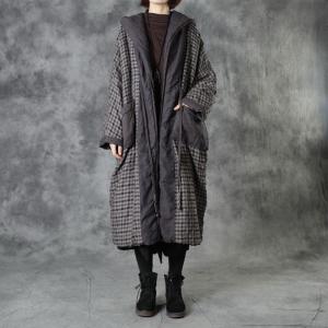 Chinese Fashion Linen Checkered Coat Quilted Hooded Wrap Coat