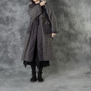 Chinese Fashion Linen Checkered Coat Quilted Hooded Wrap Coat