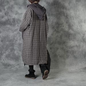 Chinese Fashion Linen Checkered Coat Quilted Hooded Wrap Coat