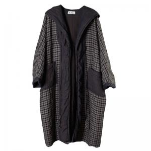 Chinese Fashion Linen Checkered Coat Quilted Hooded Wrap Coat