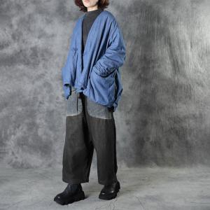 Chinese Button Blue Puffer Coat V-Neck Cotton Short Overcoat