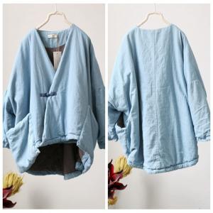 Chinese Button Blue Puffer Coat V-Neck Cotton Short Overcoat