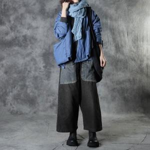 Chinese Button Blue Puffer Coat V-Neck Cotton Short Overcoat