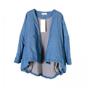 Chinese Button Blue Puffer Coat V-Neck Cotton Short Overcoat