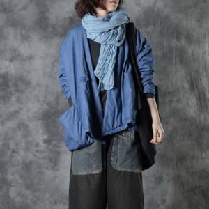 Chinese Button Blue Puffer Coat V-Neck Cotton Short Overcoat