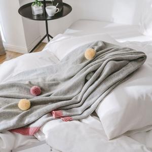 Lovely Colorful Pom Pom Throw Cotton Gray Blanket