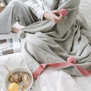 Lovely Colorful Pom Pom Throw Cotton Gray Blanket