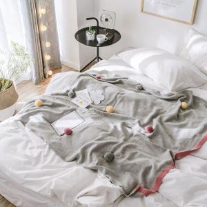 Lovely Colorful Pom Pom Throw Cotton Gray Blanket