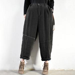 Embroidered Lines Casual Linen Pants Quilted Baggy Cuffed Trousers