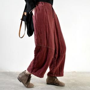 Embroidered Lines Casual Linen Pants Quilted Baggy Cuffed Trousers