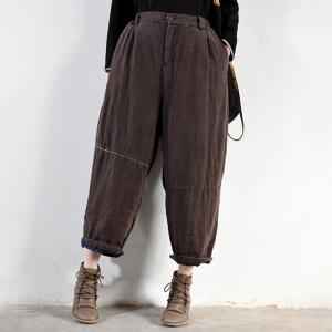 Embroidered Lines Casual Linen Pants Quilted Baggy Cuffed Trousers