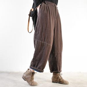 Embroidered Lines Casual Linen Pants Quilted Baggy Cuffed Trousers