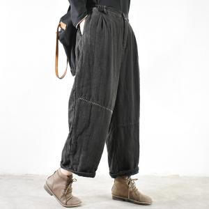 Embroidered Lines Casual Linen Pants Quilted Baggy Cuffed Trousers