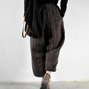 Embroidered Lines Casual Linen Pants Quilted Baggy Cuffed Trousers