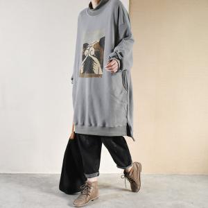 Dog Pattern Cotton Sweatshirt Dress Mock Neck Large Tunic