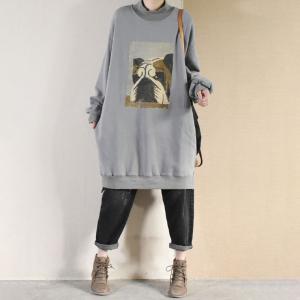 Dog Pattern Cotton Sweatshirt Dress Mock Neck Large Tunic