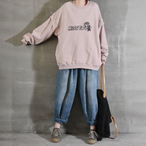 Cotton Letter Embroidered Hoodie Plus Size Pullover Sweatshirt