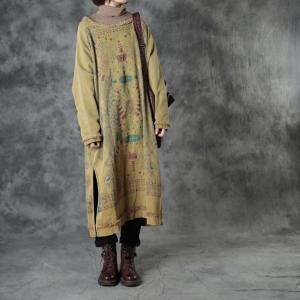 Side Slits Totem Pattern Yellow Dress Cotton Oversized T-shirt Dress