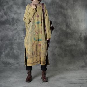 Side Slits Totem Pattern Yellow Dress Cotton Oversized T-shirt Dress