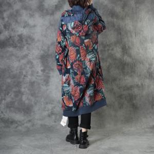 Red Rose Prints Winter Hoodie Coat Big Pockets Cotton Quilted Hooded Dress