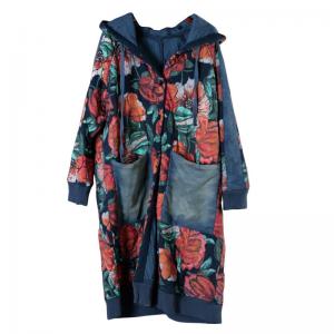 Red Rose Prints Winter Hoodie Coat Big Pockets Cotton Quilted Hooded Dress