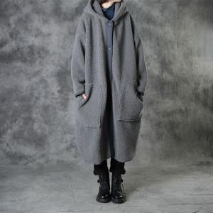 Plus Size Gray Sherpa Coat Womens Hooded Overcoat