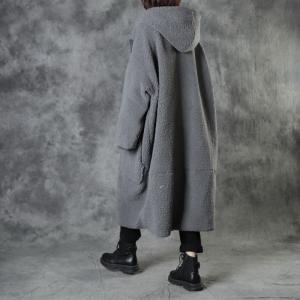 Plus Size Gray Sherpa Coat Womens Hooded Overcoat