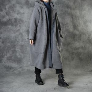 Plus Size Gray Sherpa Coat Womens Hooded Overcoat