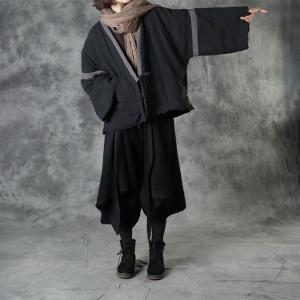 Chinese Fashion Tied Black Coat Quilted Kimono Jacket