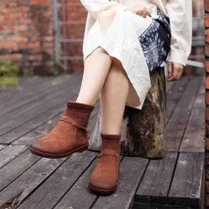 Winter Knitting Leather Ankle Boots Wool Fleece Slip on Bootie